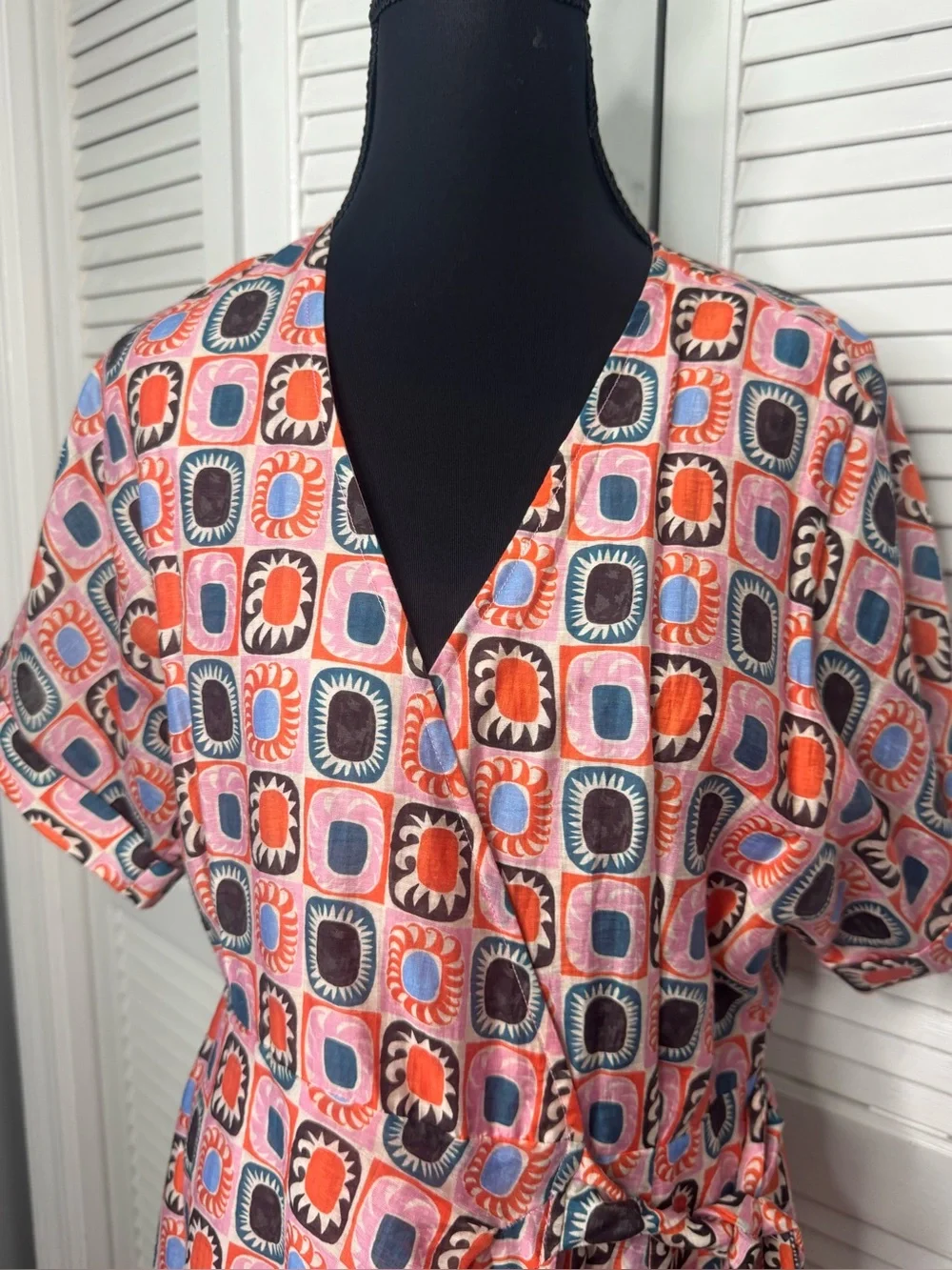 FRNCH Paris Alyha  Sun Wrap Retro Geometric Tile Print Artistic Mosaic Dress Med
